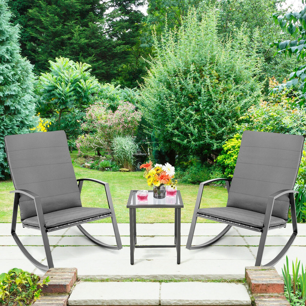 3 Pieces Patio Rattan Rocking Furniture Set-Brown
