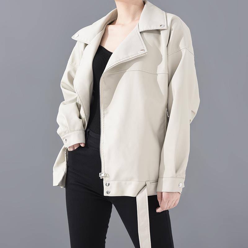 PU Faux Leather Jacket Women Loose Sashes Casual Biker Jackets Outwear Female Tops BF Style Black Leather Jacket Coat