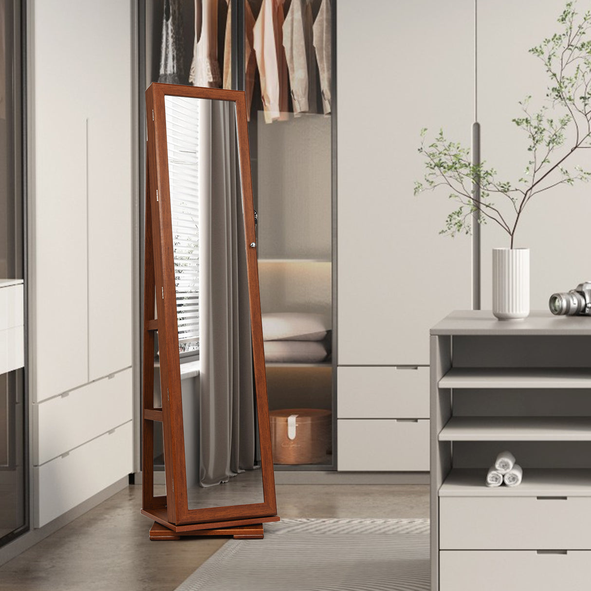 360 ° Rotatable 2-in-1 Lockable Jewelry Cabinet with Full-Length Mirror-Brown