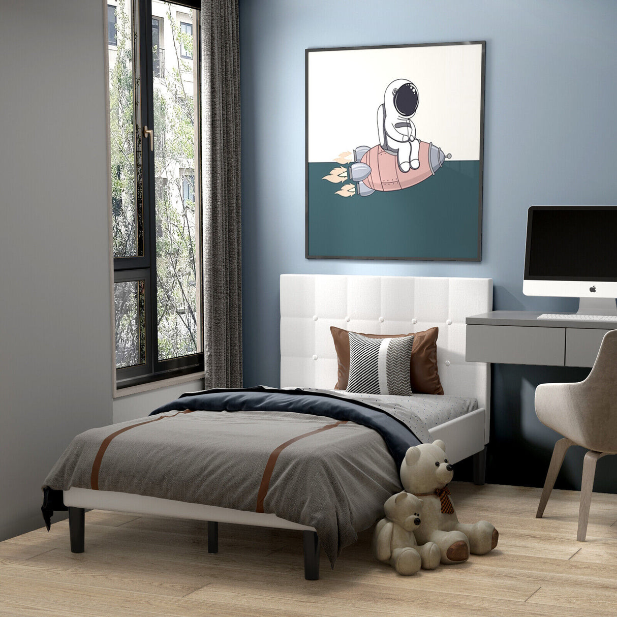 Platform Bed with Button Tufted Headboard-Gray
