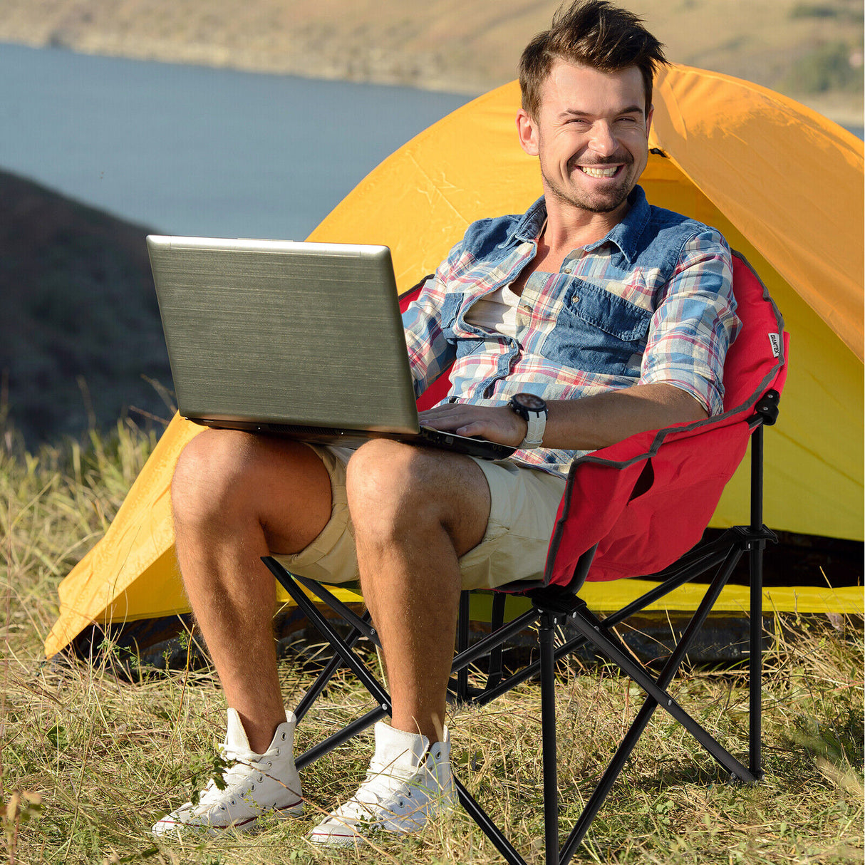Folding Camping Moon Padded Chair with Carrying Bag-Gray