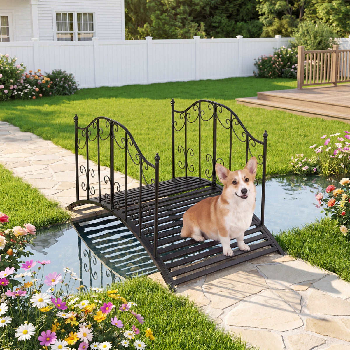 3.9 ft Garden Metal Bridge with Dual Patterned Side Rails