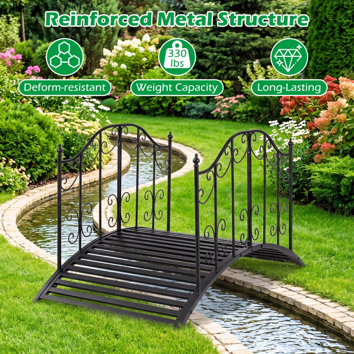 3.9 ft Garden Metal Bridge with Dual Patterned Side Rails