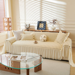 Grid Textured Sofa Cover with Sheer Ruffle Skirt, Pet-Friendly Sofa Throw Slipcover