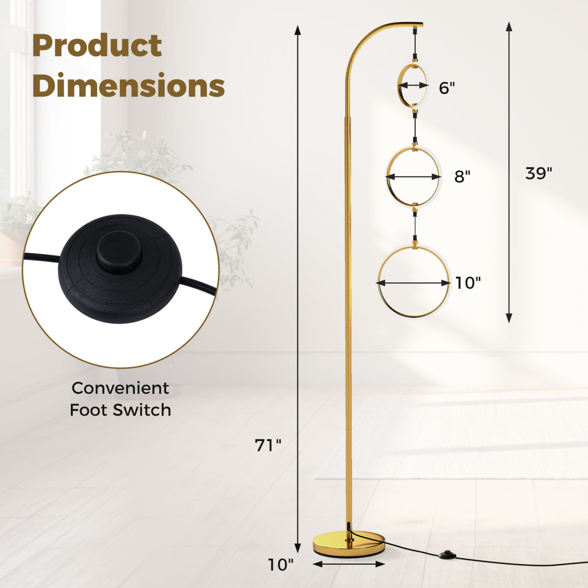 3-Circle Dimmable LED Floor Lamp with Foot Pedal Switch 3 Color Temperatures-Golden