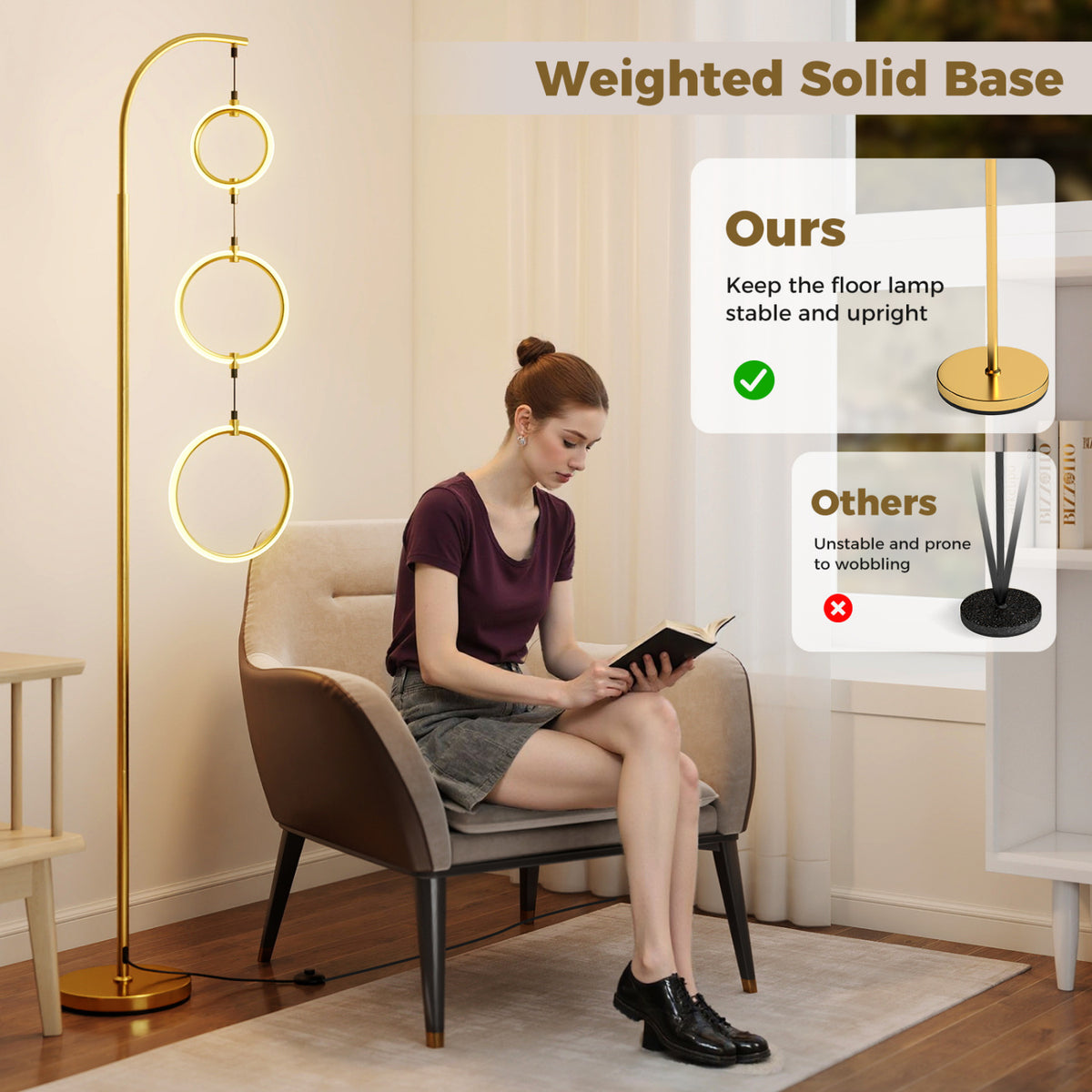 3-Circle Dimmable LED Floor Lamp with Foot Pedal Switch 3 Color Temperatures-Golden