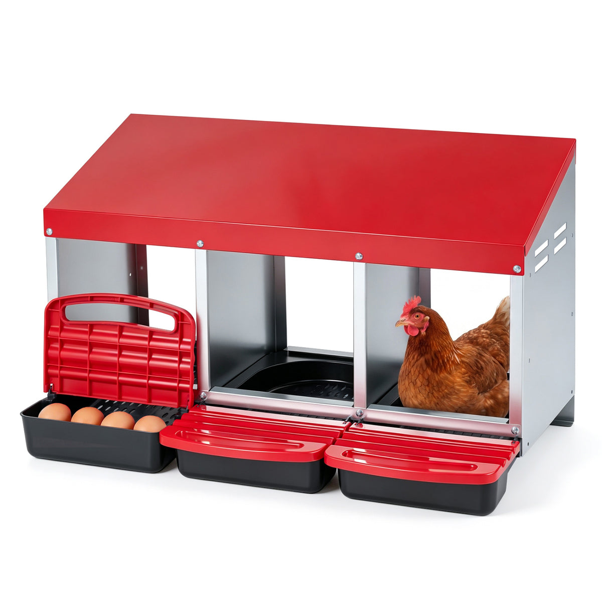 3-Compartment Roll Away Metal Chicken Nesting Box for Hens-Red