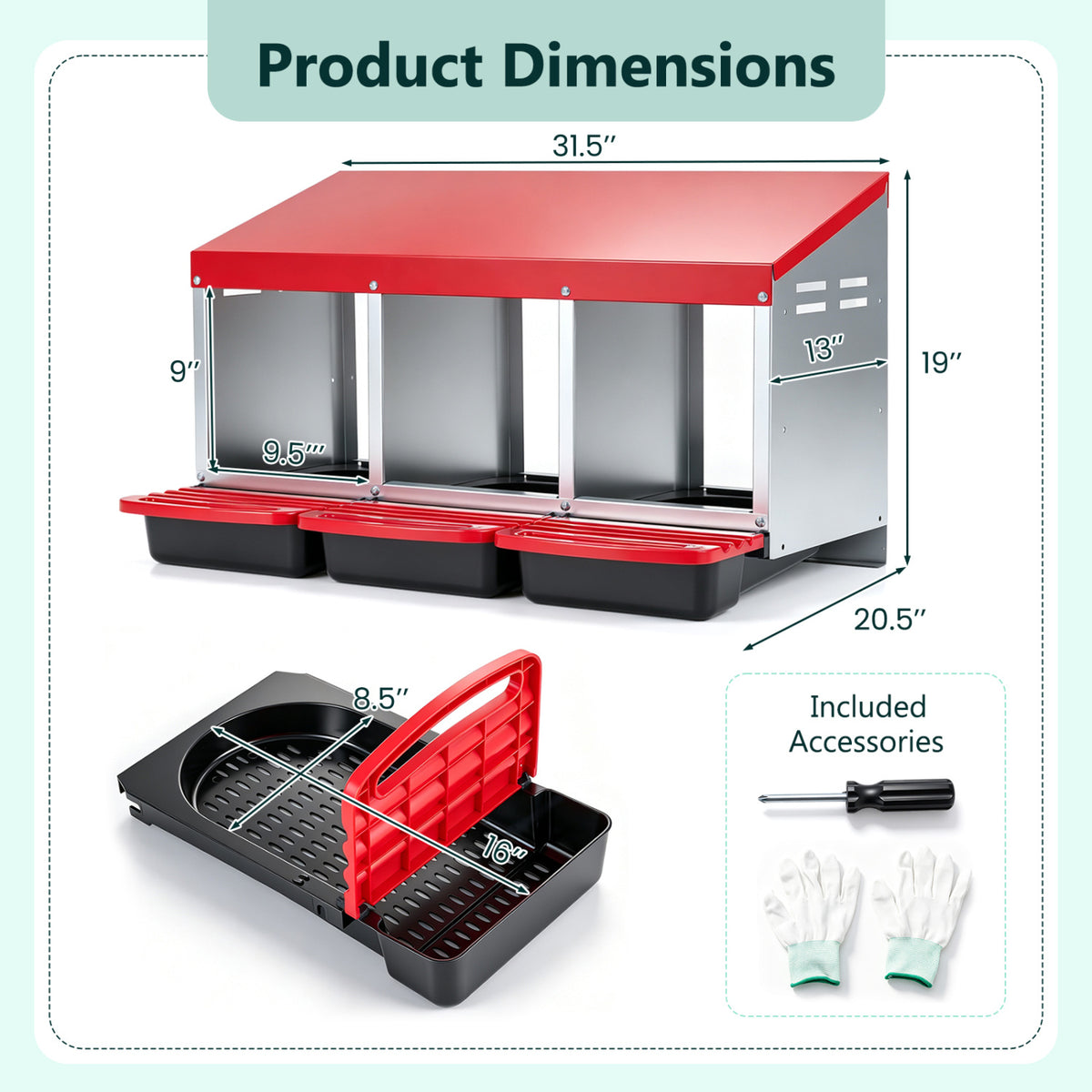 3-Compartment Roll Away Metal Chicken Nesting Box for Hens-Red