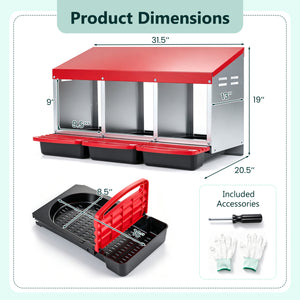 3-Compartment Roll Away Metal Chicken Nesting Box for Hens-Red
