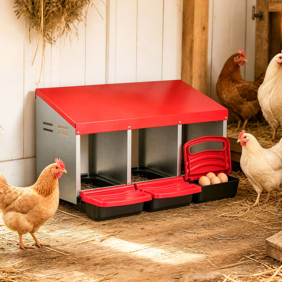 3-Compartment Roll Away Chicken Nesting Box for Egg Collection with Removable Trays and Landing Steps-Red