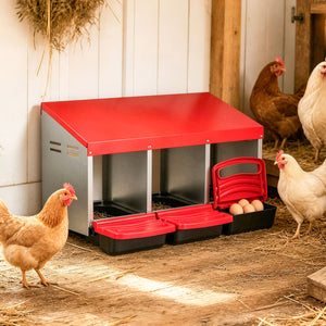 3-Compartment Roll Away Chicken Nesting Box for Egg Collection with Removable Trays and Landing Steps-Red