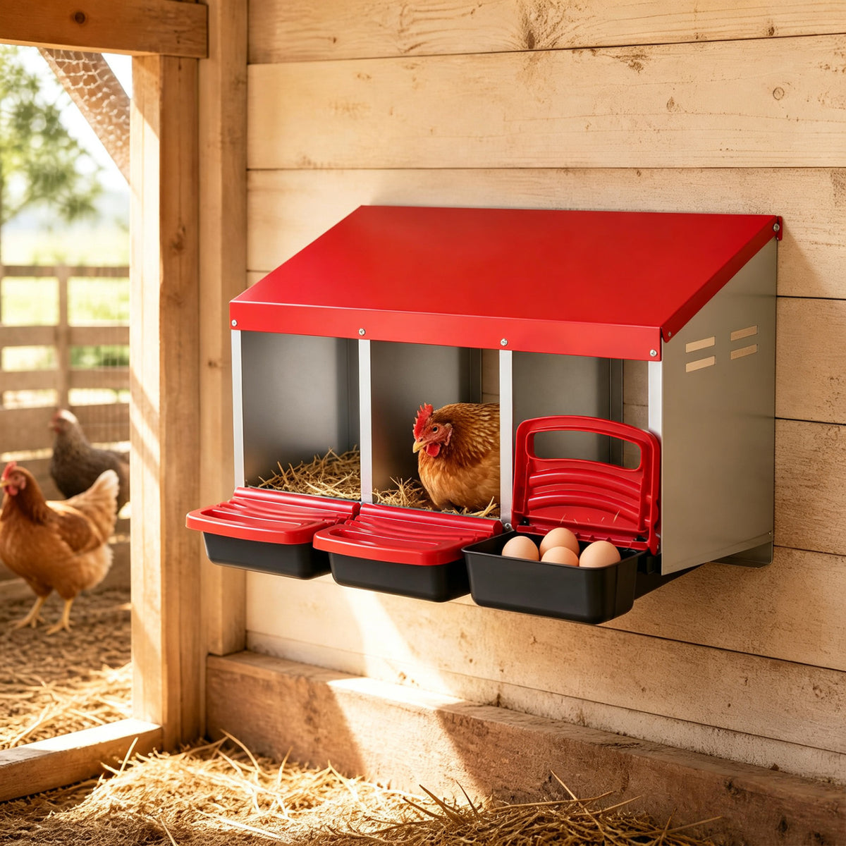 3-Compartment Roll Away Chicken Nesting Box for Egg Collection with Removable Trays and Landing Steps-Red