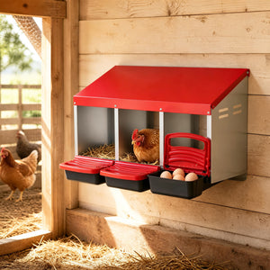 3-Compartment Roll Away Chicken Nesting Box for Egg Collection with Removable Trays and Landing Steps-Red