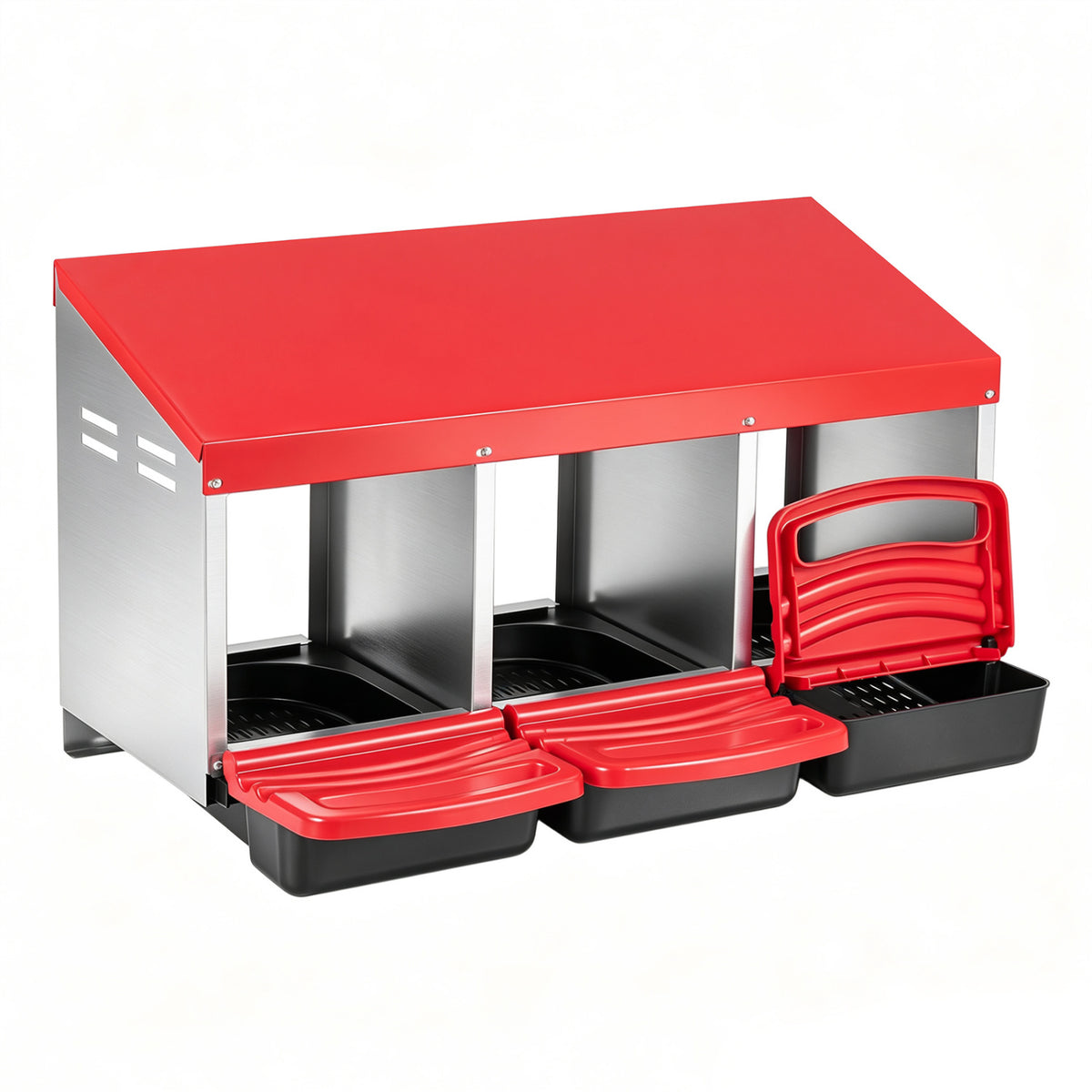3-Compartment Roll Away Chicken Nesting Box for Egg Collection with Removable Trays and Landing Steps-Red