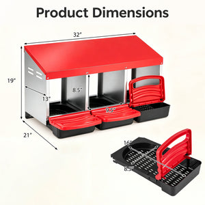 3-Compartment Roll Away Chicken Nesting Box for Egg Collection with Removable Trays and Landing Steps-Red