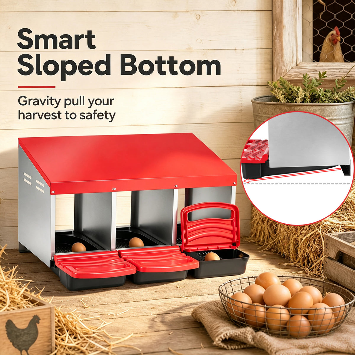 3-Compartment Roll Away Chicken Nesting Box for Egg Collection with Removable Trays and Landing Steps-Red