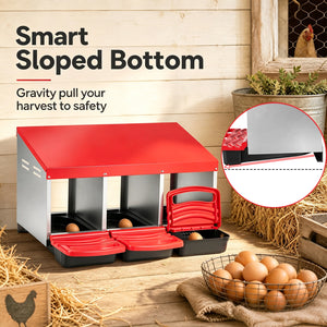 3-Compartment Roll Away Chicken Nesting Box for Egg Collection with Removable Trays and Landing Steps-Red