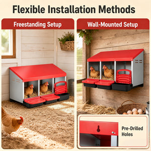 3-Compartment Roll Away Chicken Nesting Box for Egg Collection with Removable Trays and Landing Steps-Red
