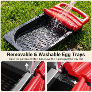 3-Compartment Roll Away Chicken Nesting Box for Egg Collection with Removable Trays and Landing Steps-Red