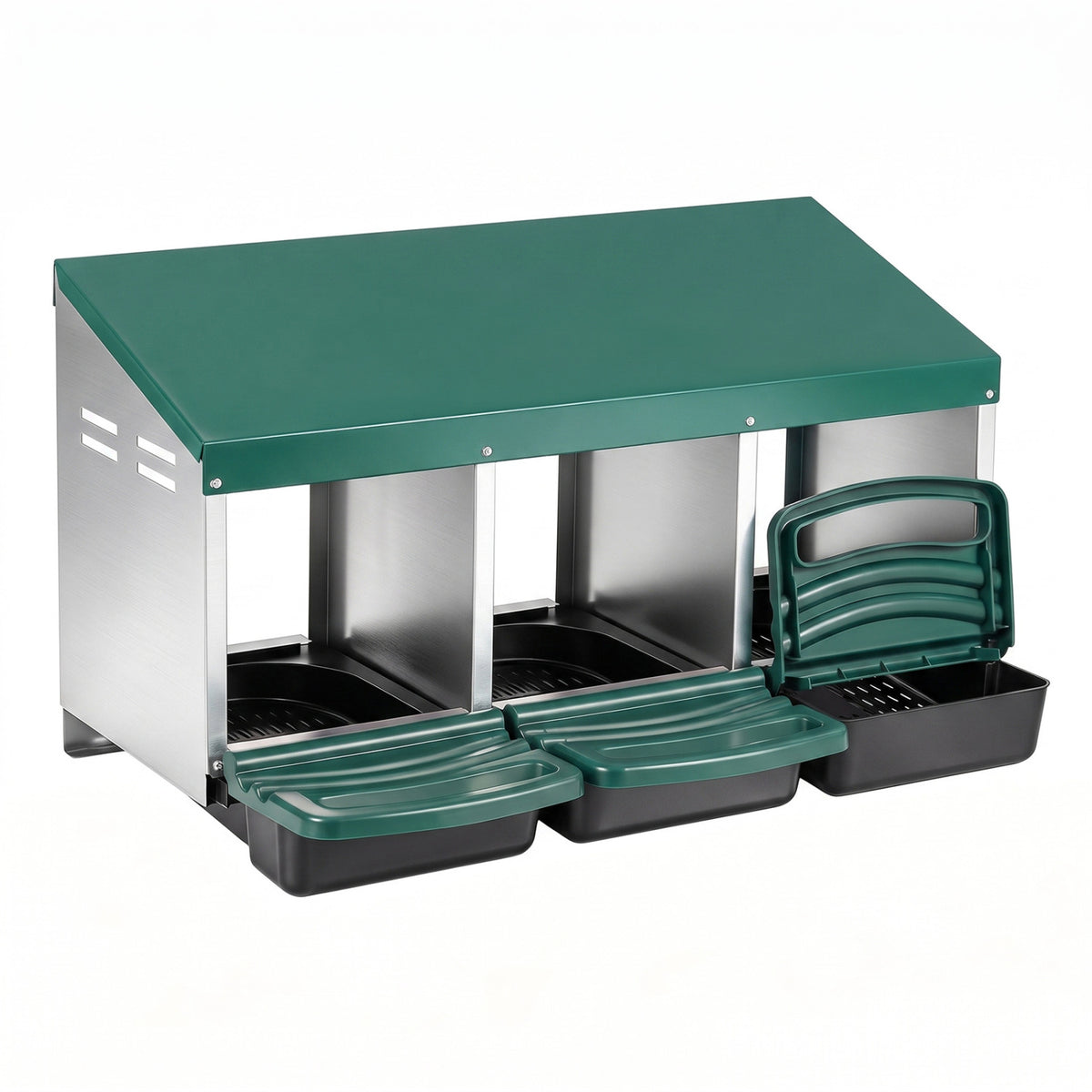3-Compartment Roll Away Chicken Nesting Box for Egg Collection with Removable Trays and Landing Steps-Green