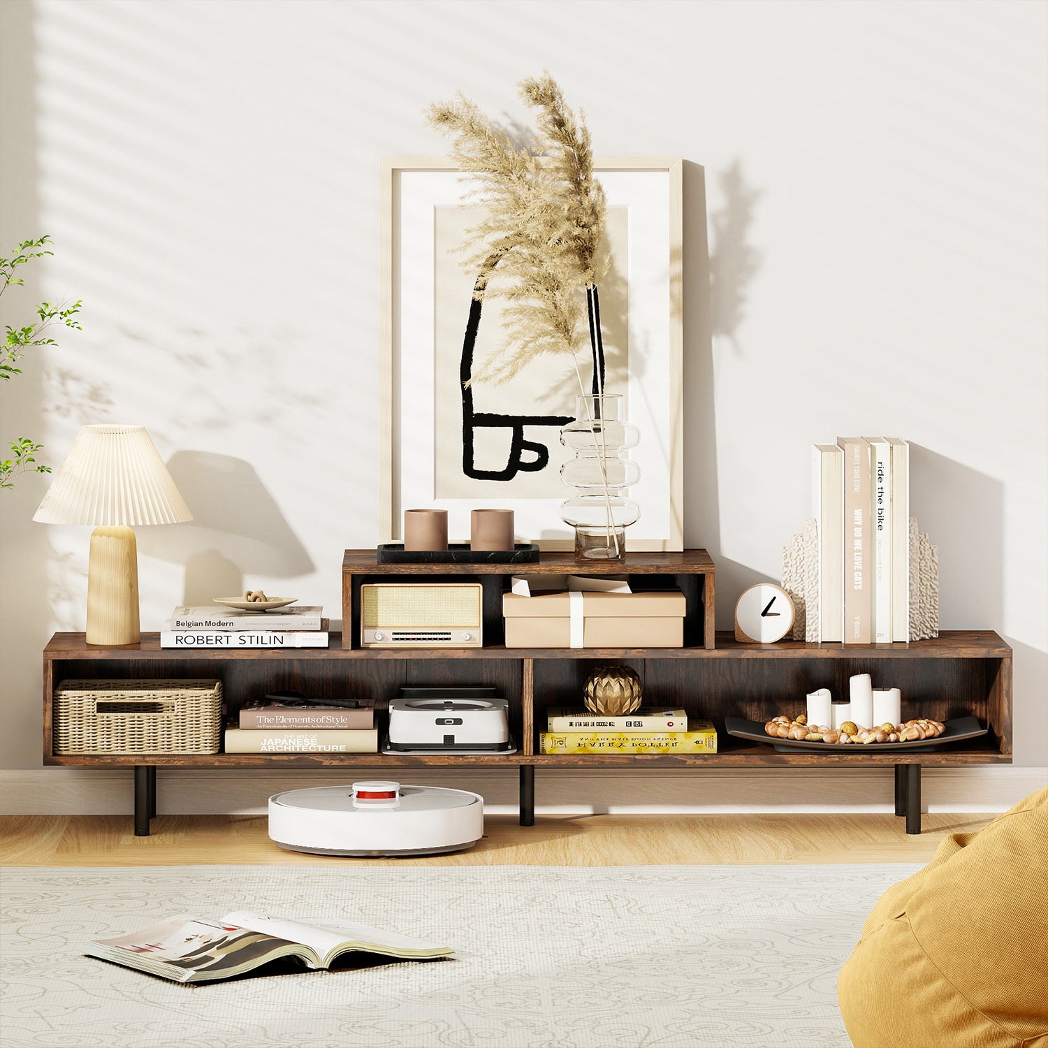 3 Cubby TV Stand for TVs up to 70 Inch with Open Storage Compartments-Rustic Brown