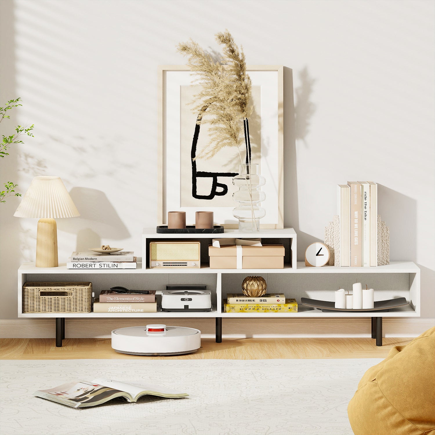 3 Cubby TV Stand for TVs up to 70 Inch with Open Storage Compartments-White