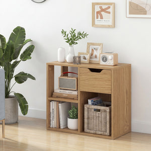 3-Cube Bookcase 2-tier Wooden Storage Shelf with Pull-out Drawer-Natural