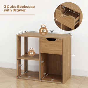 3-Cube Bookcase 2-tier Wooden Storage Shelf with Pull-out Drawer-Natural