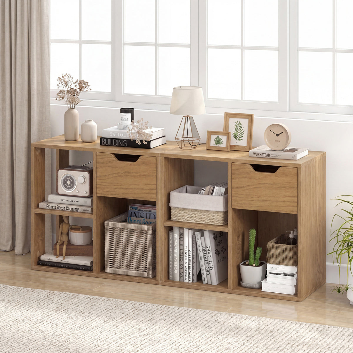 3-Cube Bookcase 2-tier Wooden Storage Shelf with Pull-out Drawer-Natural