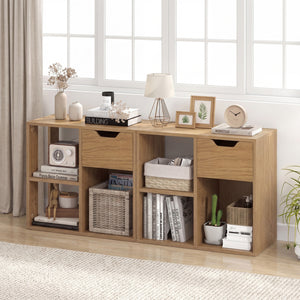 3-Cube Bookcase 2-tier Wooden Storage Shelf with Pull-out Drawer-Natural