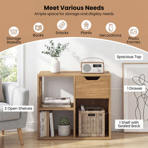 3-Cube Bookcase 2-tier Wooden Storage Shelf with Pull-out Drawer-Natural