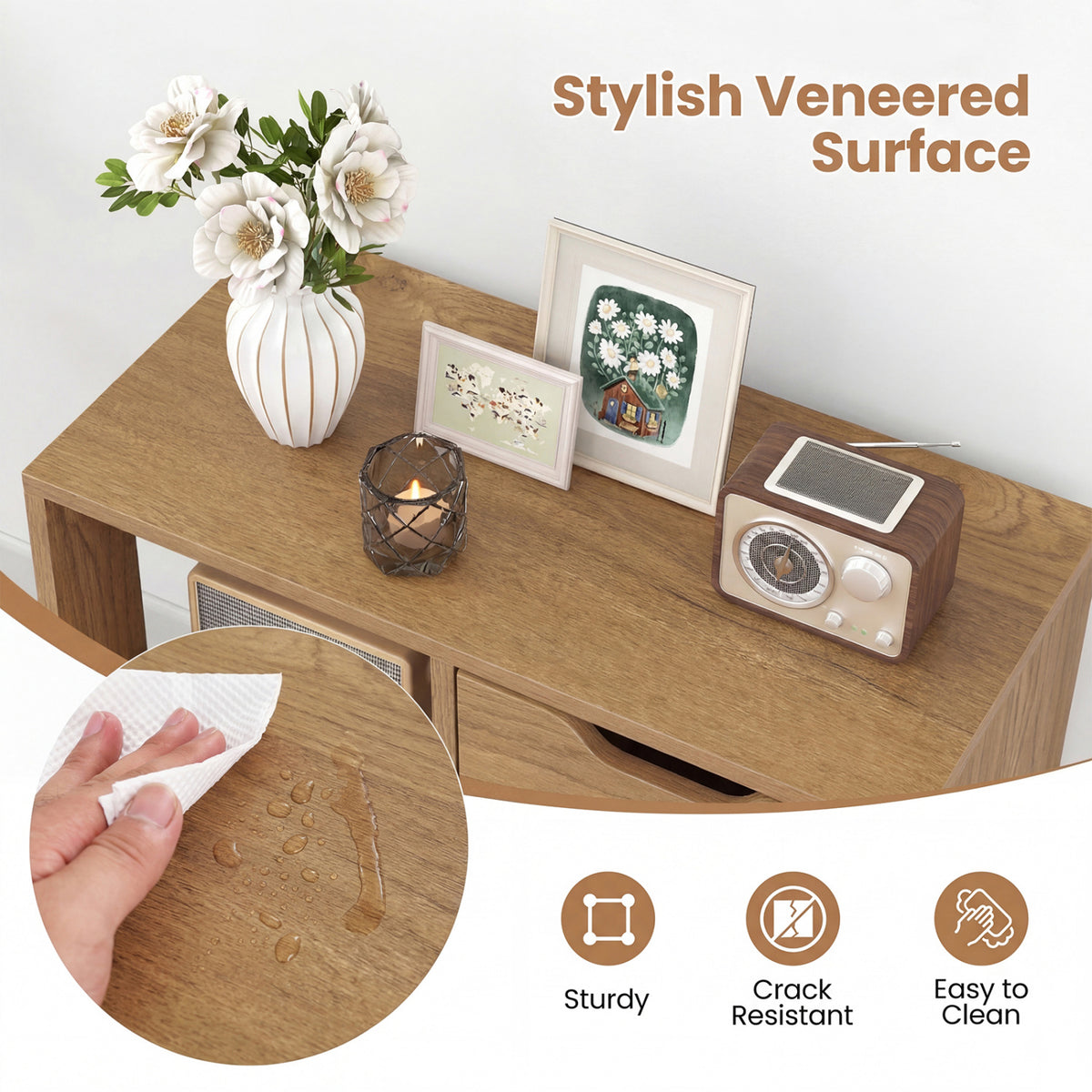 3-Cube Bookcase 2-tier Wooden Storage Shelf with Pull-out Drawer-Natural