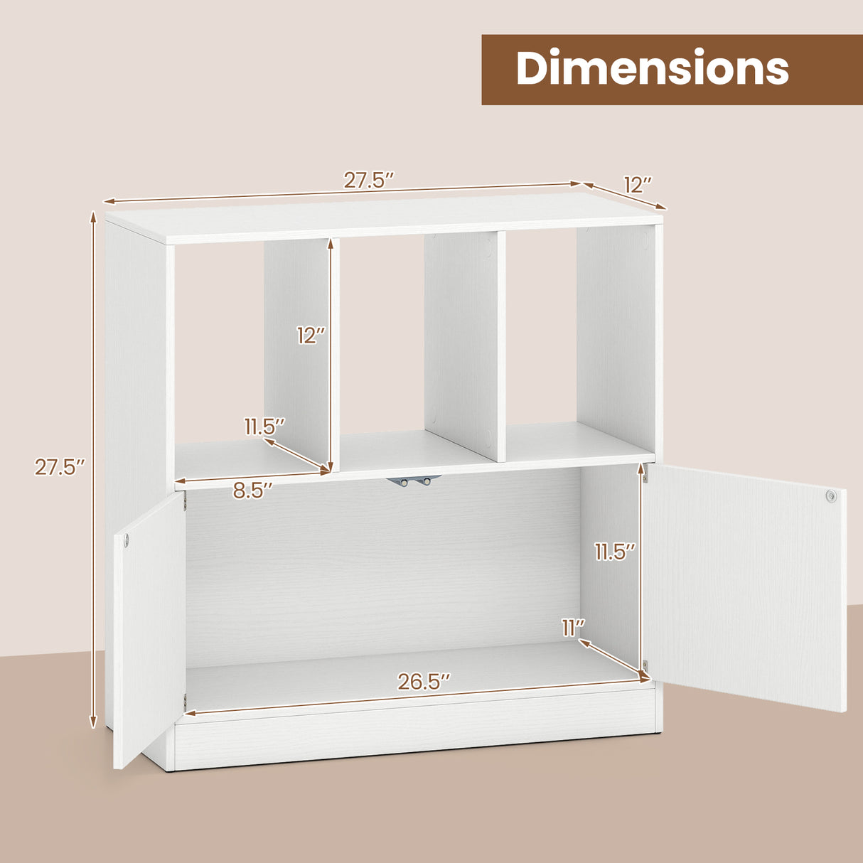 3-Cube Bookcase with Doors 3-Tier Cubic Bookshelf with Open Compartments and Cabinet-White