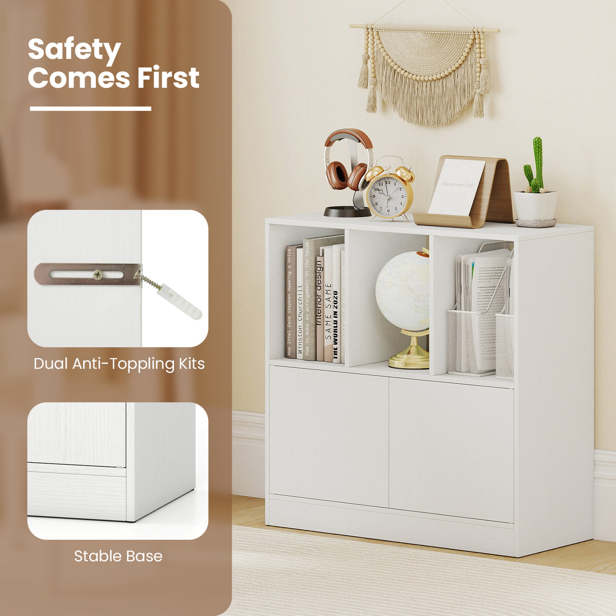 3-Cube Bookcase with Doors 3-Tier Cubic Bookshelf with Open Compartments and Cabinet-White