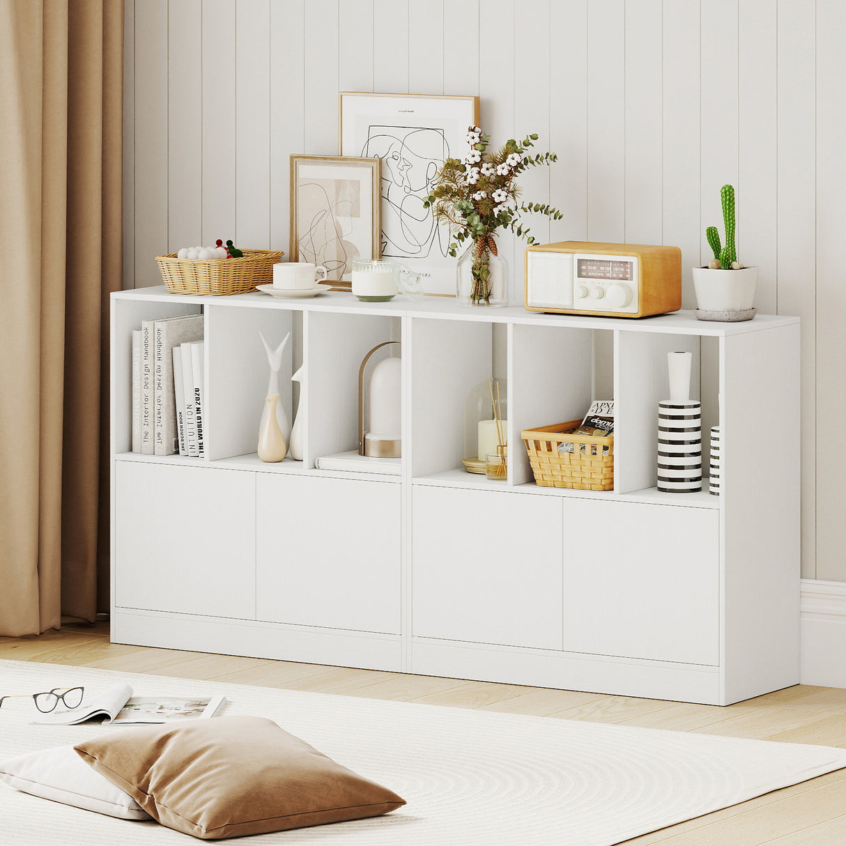 3-Cube Bookcase with Doors 3-Tier Cubic Bookshelf with Open Compartments and Cabinet-White