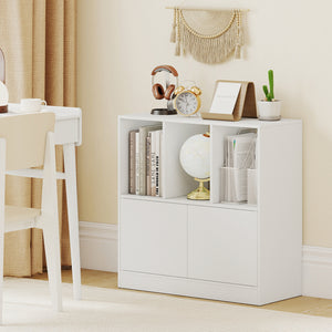3-Cube Bookcase with Doors 3-Tier Cubic Bookshelf with Open Compartments and Cabinet-White