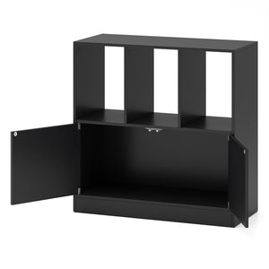 3-Cube Bookcase with Doors 3-Tier Cubic Bookshelf with Open Compartments and Cabinet-Black