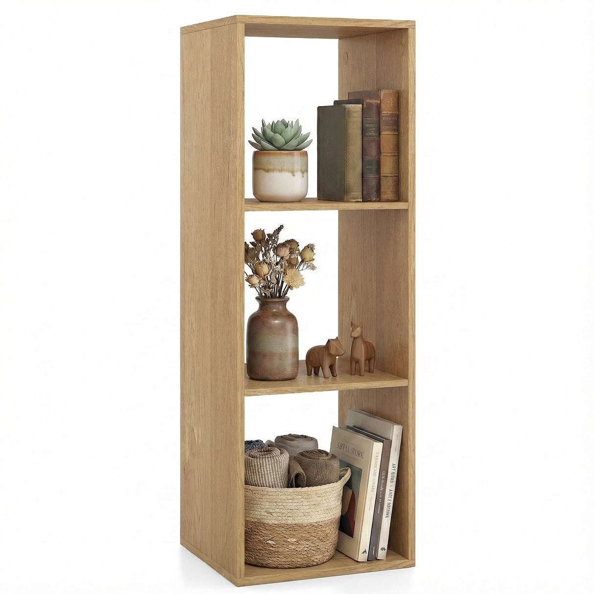 3 Cube Bookshelf with Back Guardrail for Living Room Bedroom-Natrual