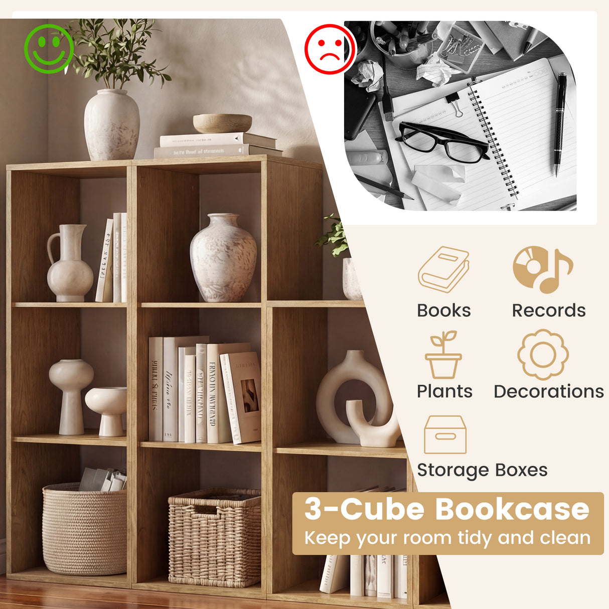 3 Cube Bookshelf with Back Guardrail for Living Room Bedroom-Natrual