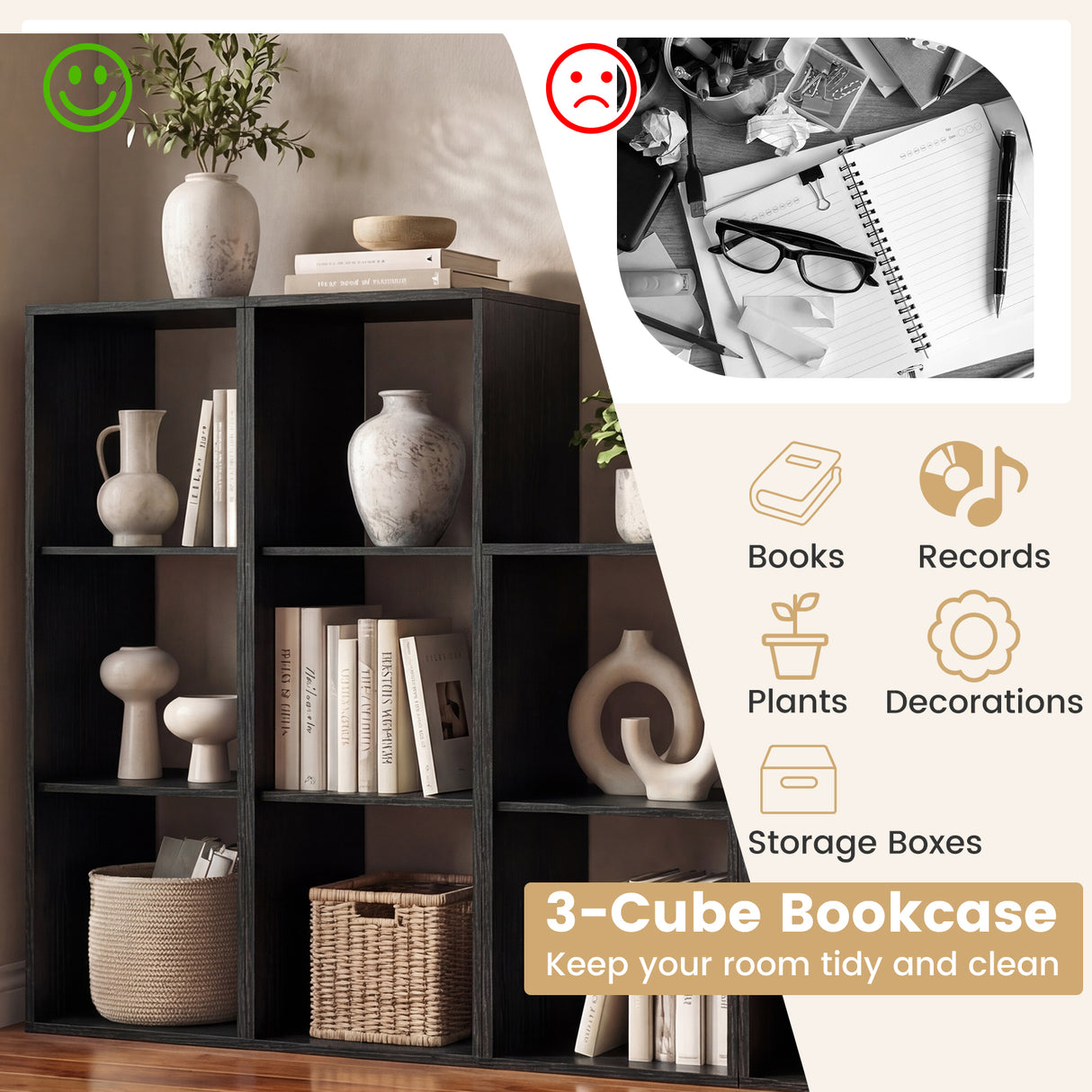 3 Cube Bookshelf with Back Guardrail for Living Room Bedroom-Black
