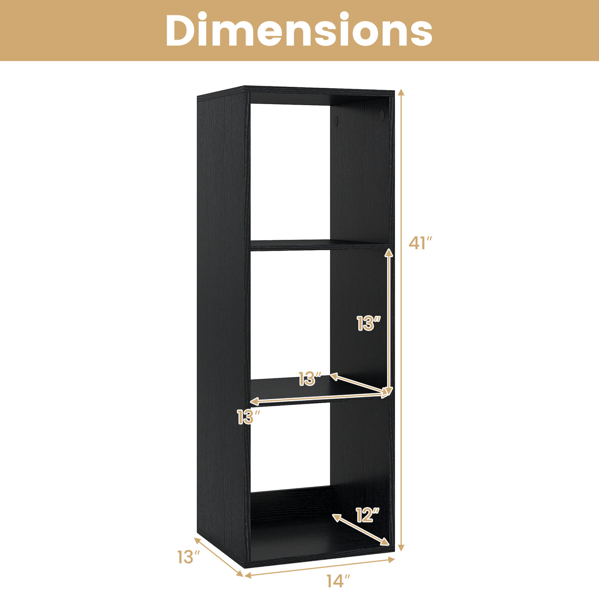 3 Cube Bookshelf with Back Guardrail for Living Room Bedroom-Black