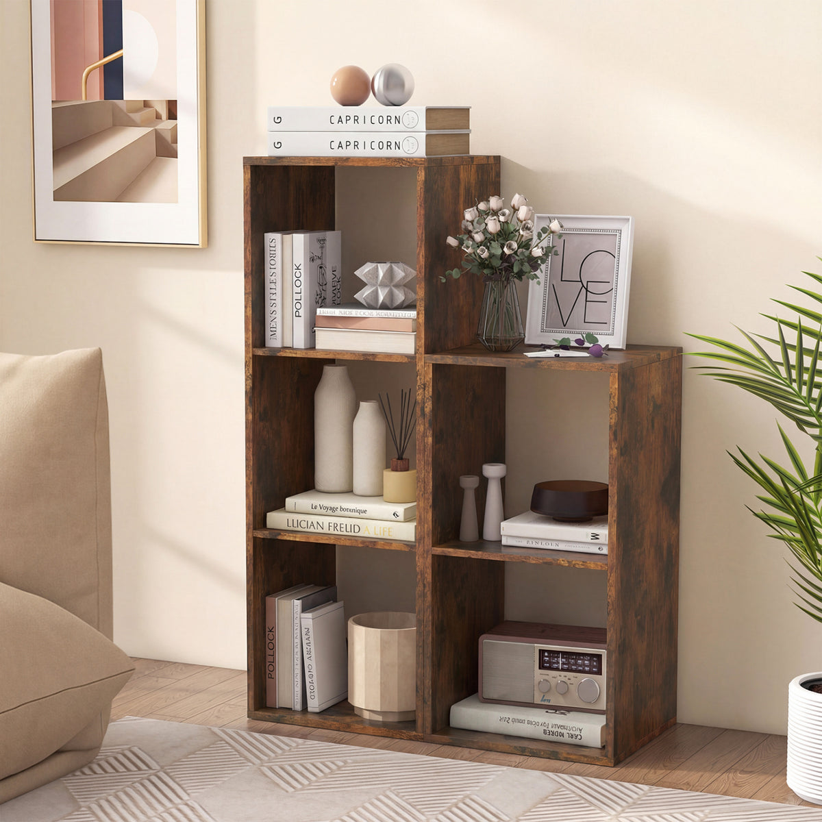3 Cube Bookshelf with Back Guardrail for Living Room Bedroom-Brown
