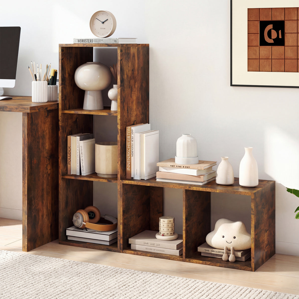 3 Cube Bookshelf with Back Guardrail for Living Room Bedroom-Brown