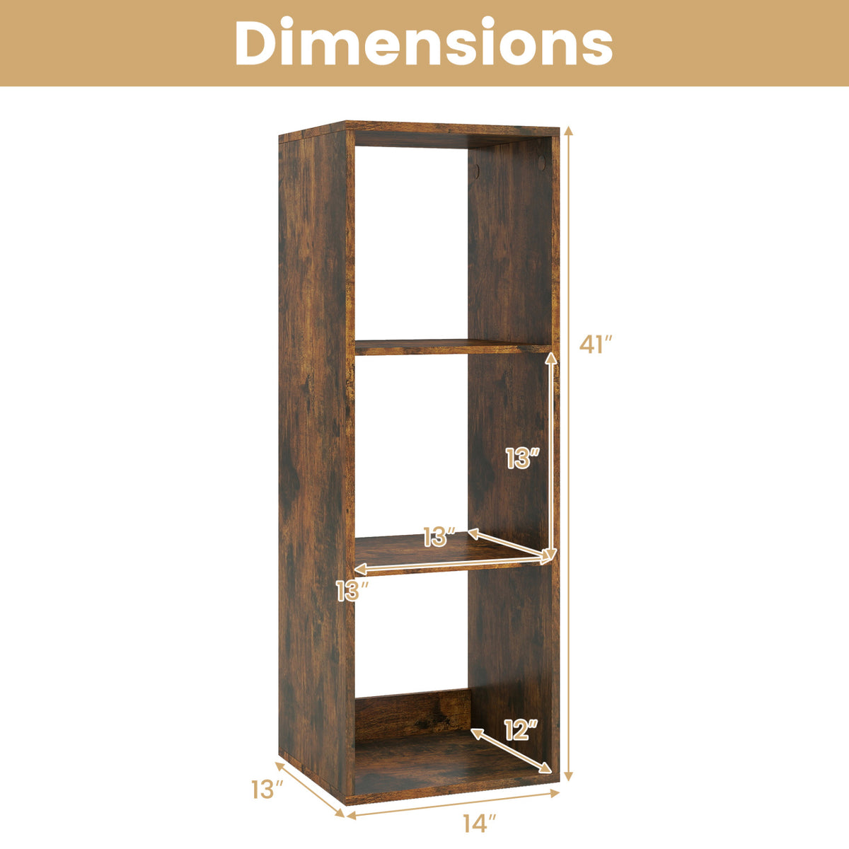 3 Cube Bookshelf with Back Guardrail for Living Room Bedroom-Brown