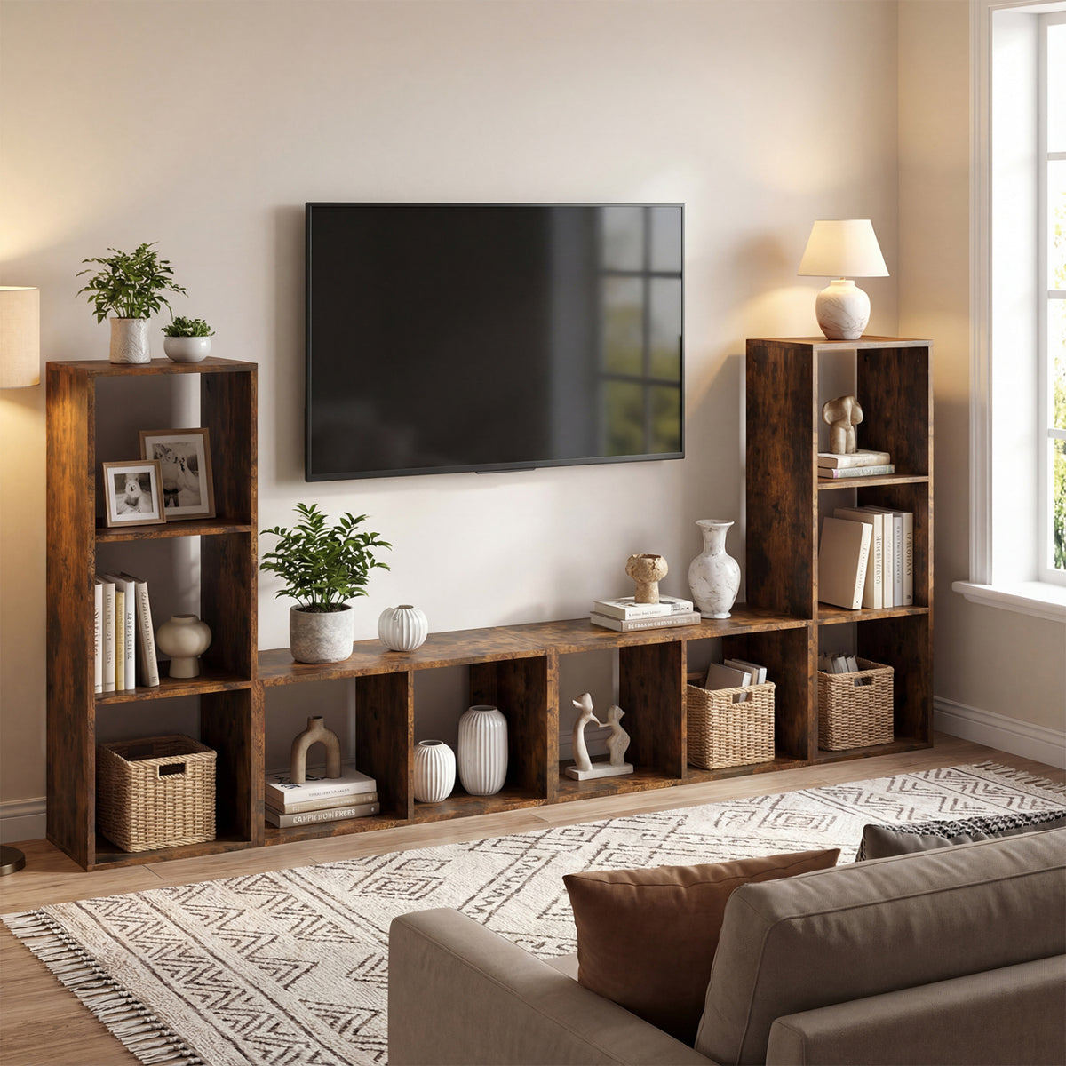 3 Cube Bookshelf with Back Guardrail for Living Room Bedroom-Brown