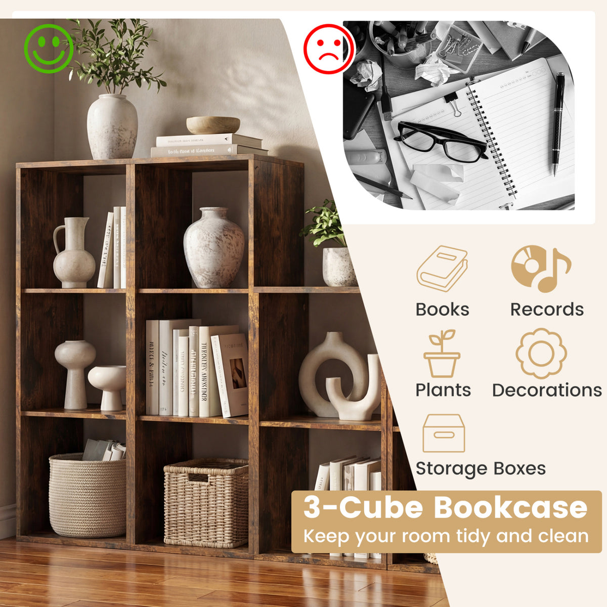 3 Cube Bookshelf with Back Guardrail for Living Room Bedroom-Brown
