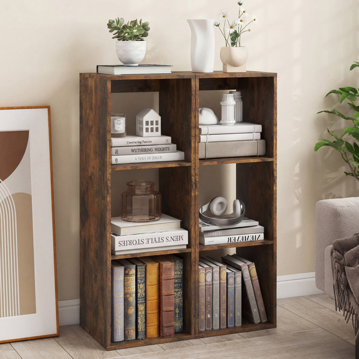 3 Cube Bookshelf with Back Guardrail for Living Room Bedroom-Brown