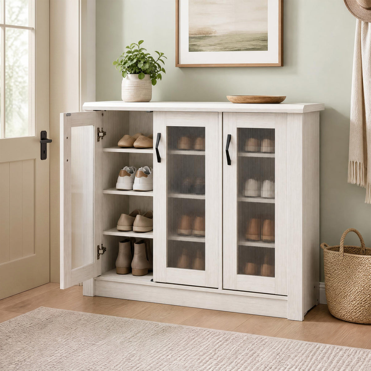 3-Door Shoe Cabinet with Removable Shelves Wooden Shoe Storage Organizer-White