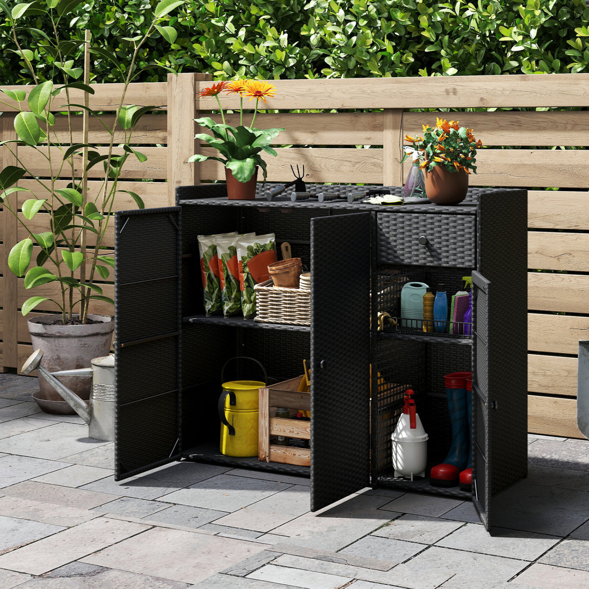 3 Doors Outdoor PE Wicker Storage Cabinet for Deck-Black