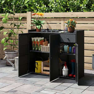 3 Doors Outdoor PE Wicker Storage Cabinet for Deck-Black